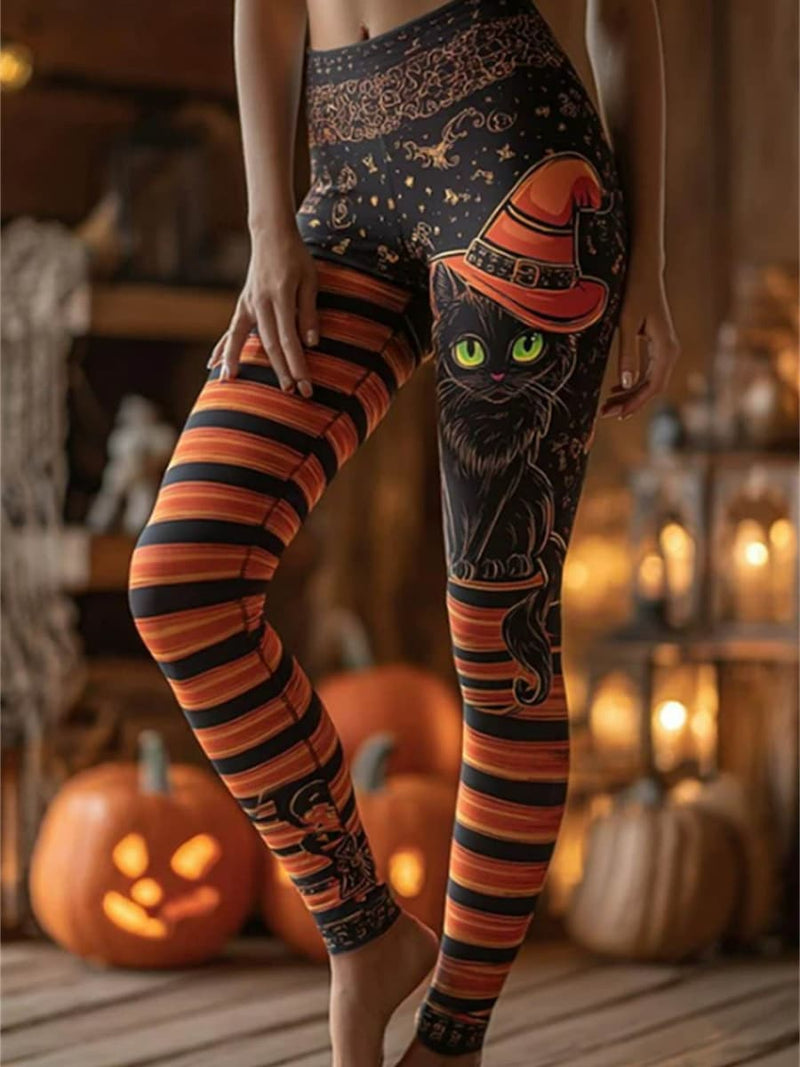 Women's Halloween Black Orange Striped Cat Print High Waist Leggings