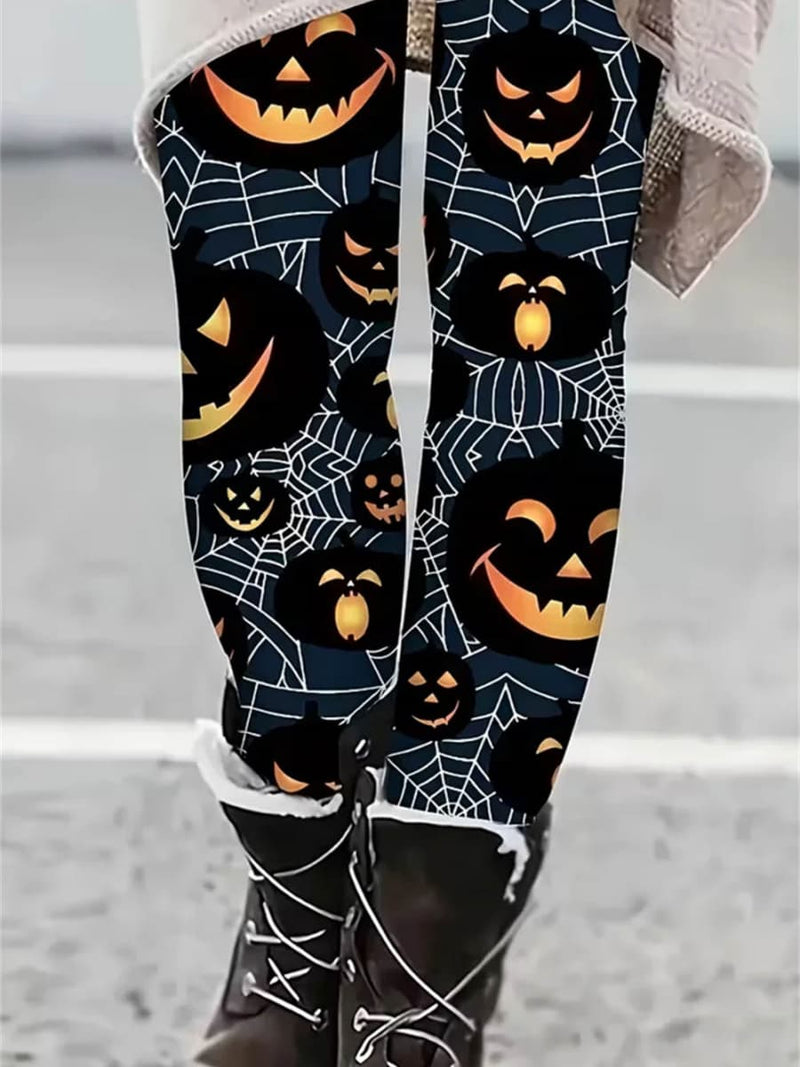 Women's Halloween Black Pumpkin Spider Web Print High Waist Leggings
