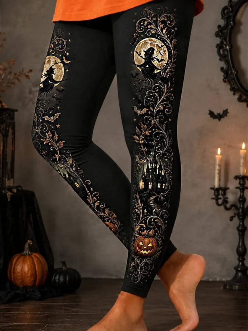 Women's Halloween Black Witch Pumpkin Print High Waist Leggings