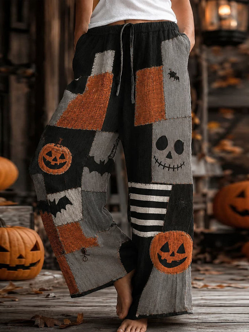 Women's Halloween Black Orange Grey Patchwork Pumpkin Skull Drawstring Waist Wide Leg Pants