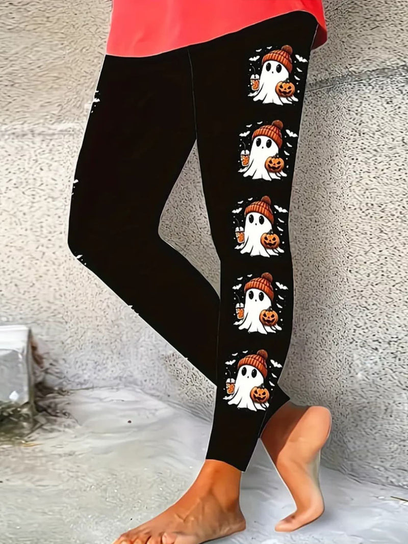 Women's Halloween Black Ghost Pumpkin Print High Waist Leggings