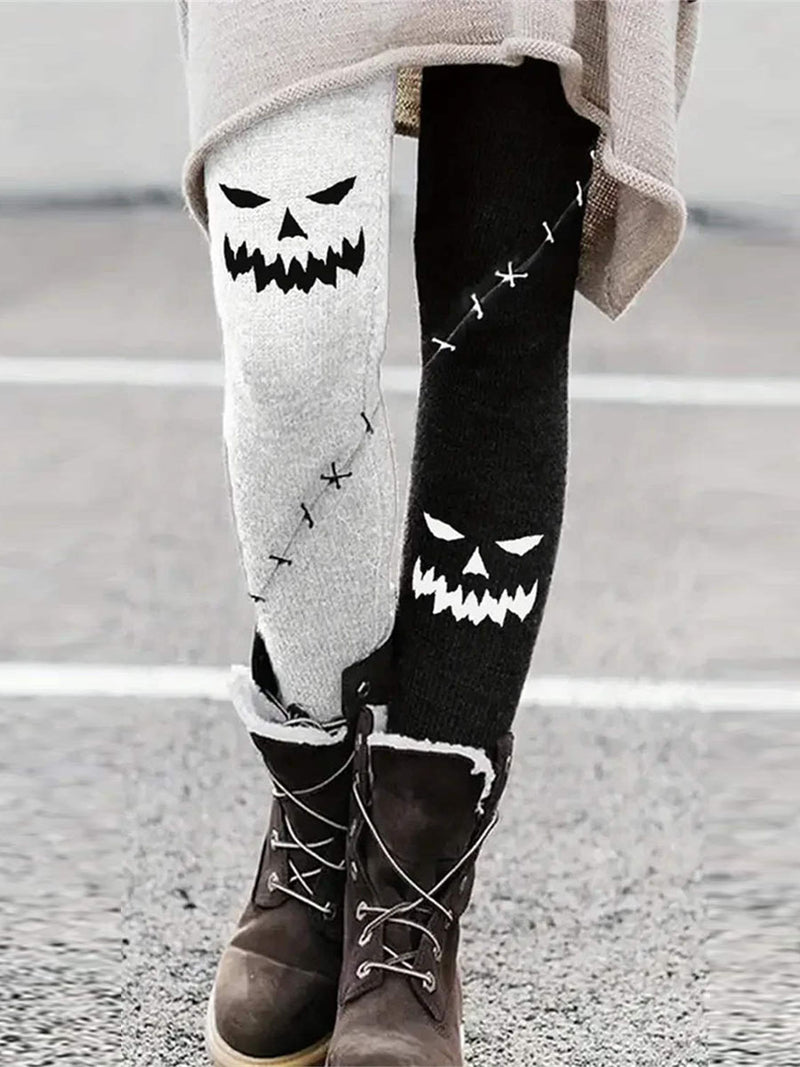 Women's Halloween Grey Black Patchwork Skull Print High Waist Leggings