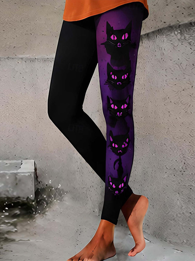Women's Halloween Purple Black Cat Print High Waist Leggings
