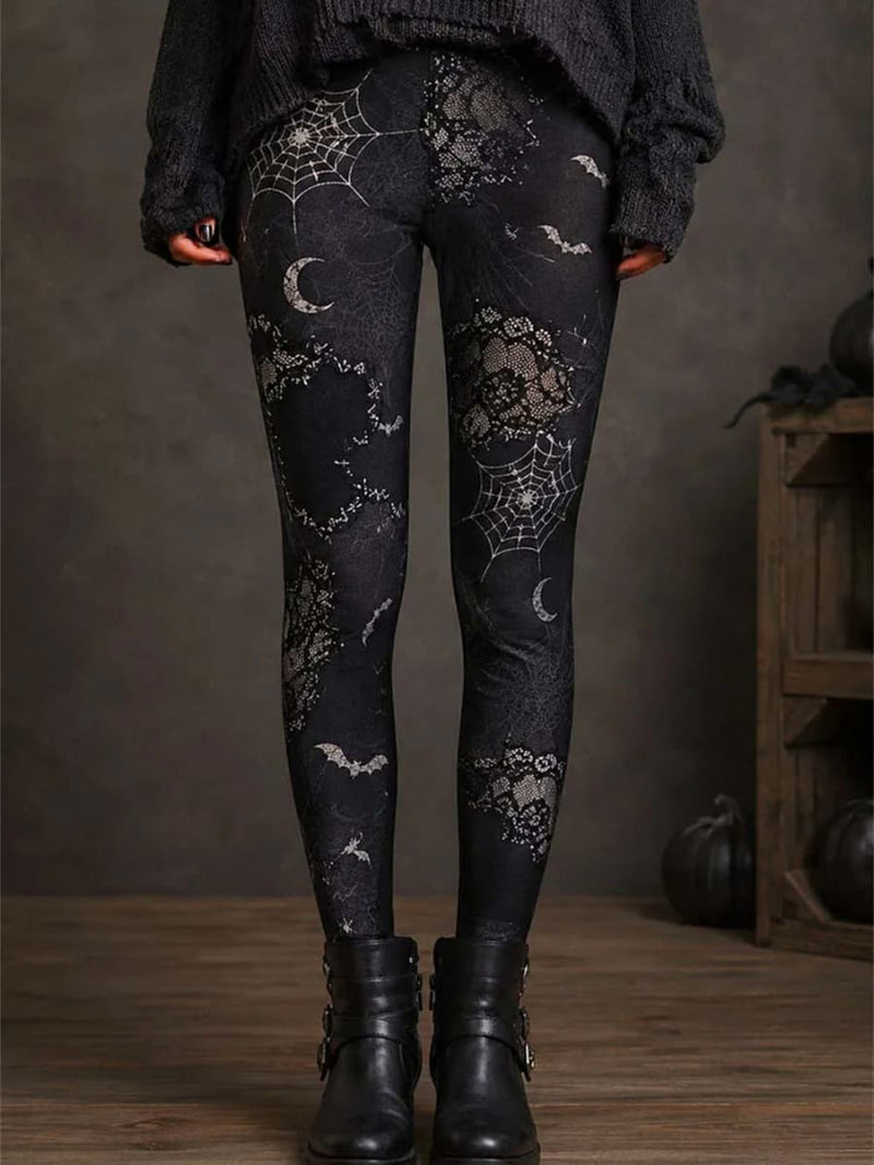 Women's Halloween Black Bat Moon Spider Web Print High Waist Leggings