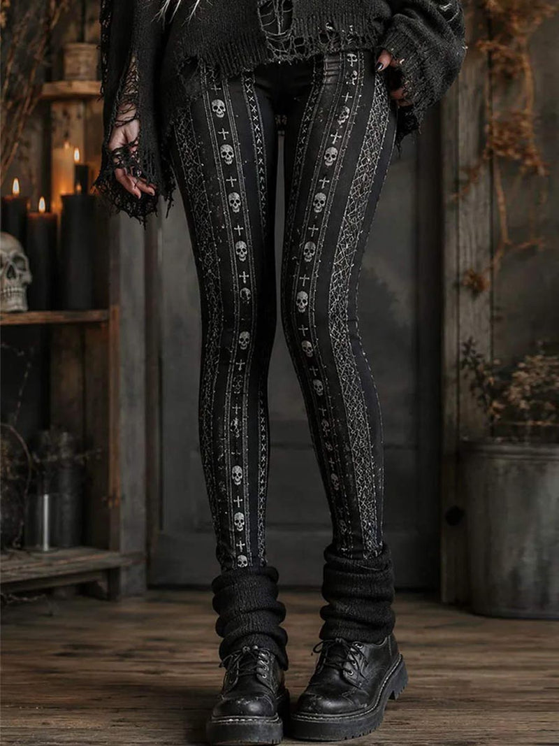 Women's Halloween Black Skull Cross Print High Waist Leggings