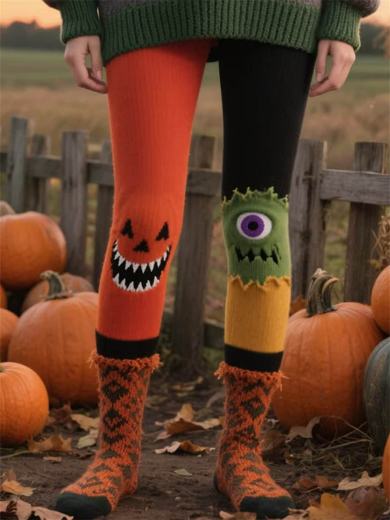 Women's Halloween Orange Yellow Green Monster Print High Waist Leggings