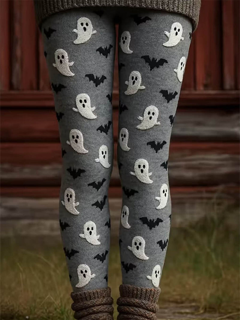 Women's Halloween Grey Ghost Bat Print High Waist Leggings