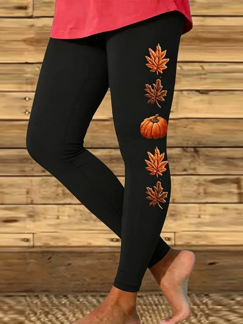 Women's Halloween Black Pumpkin Leaf Print High Waist Leggings