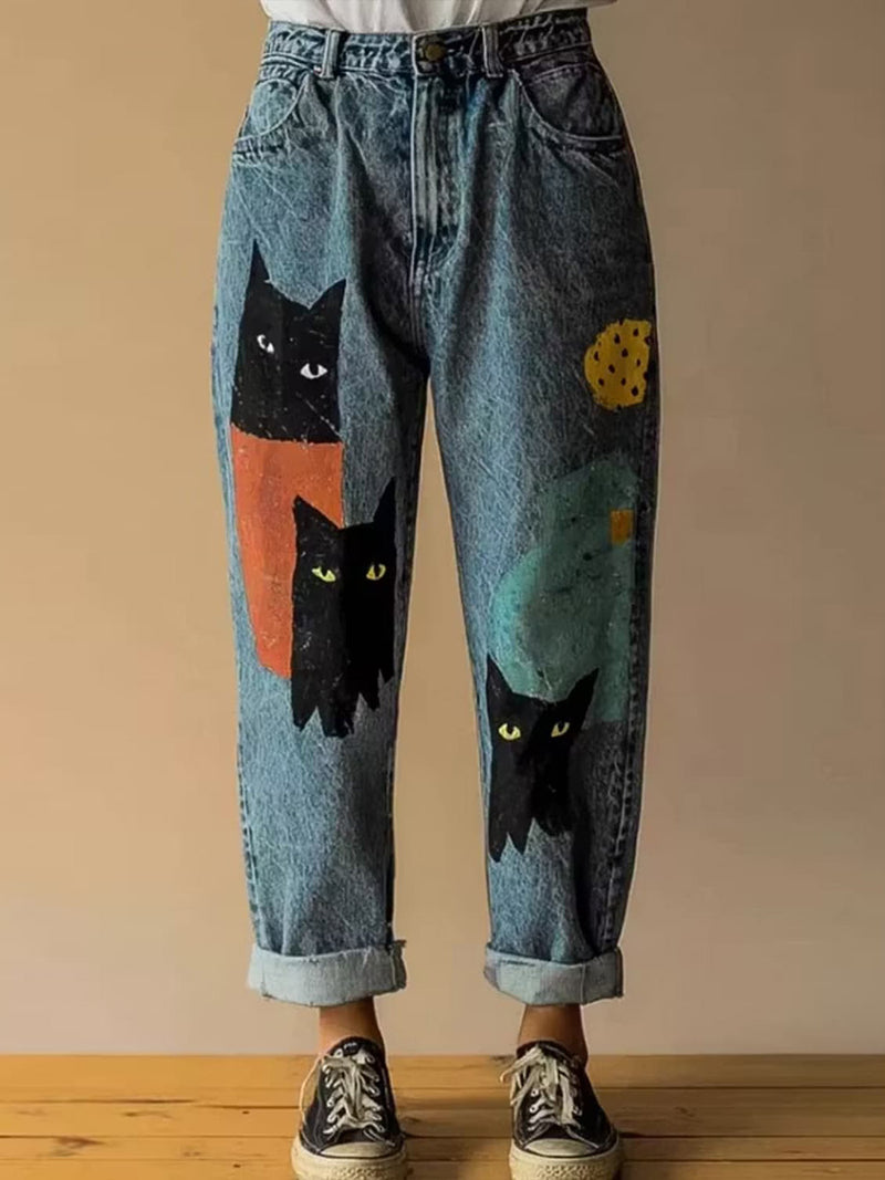 Women's Blue Medium Wash Cat Print High Waist Straight Leg Jeans