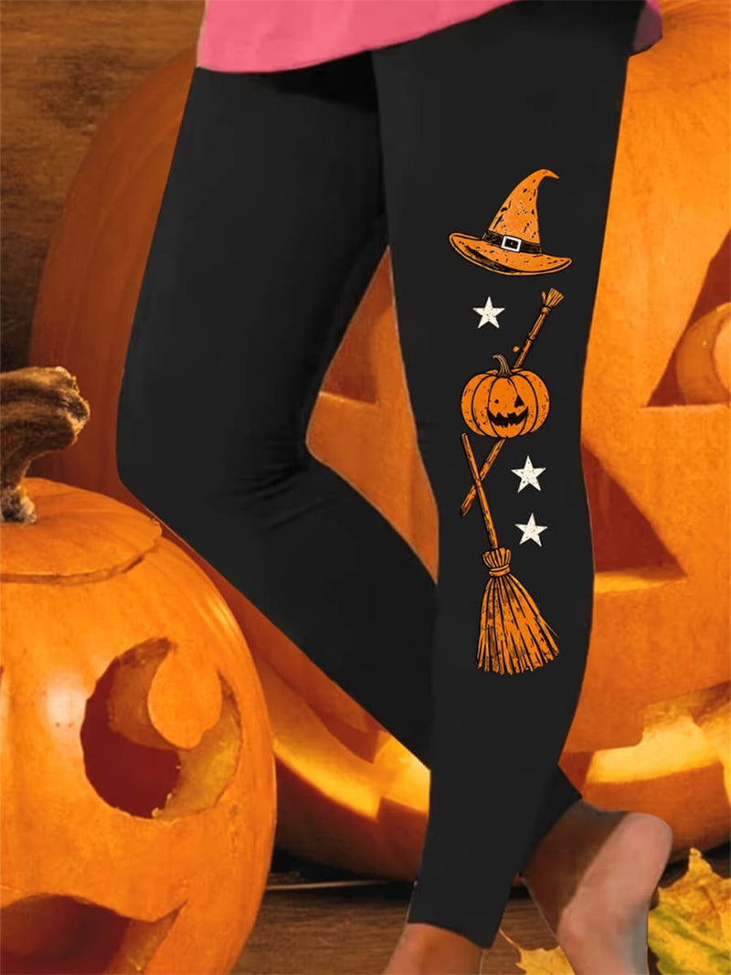 Women's Halloween Black Witch Pumpkin Broom Print High Waist Leggings