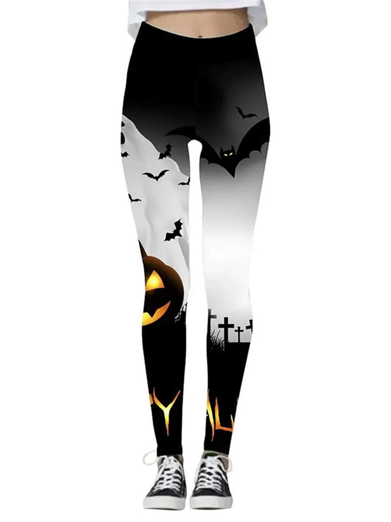 Women's Halloween Black White Bat Pumpkin Print High Waist Leggings