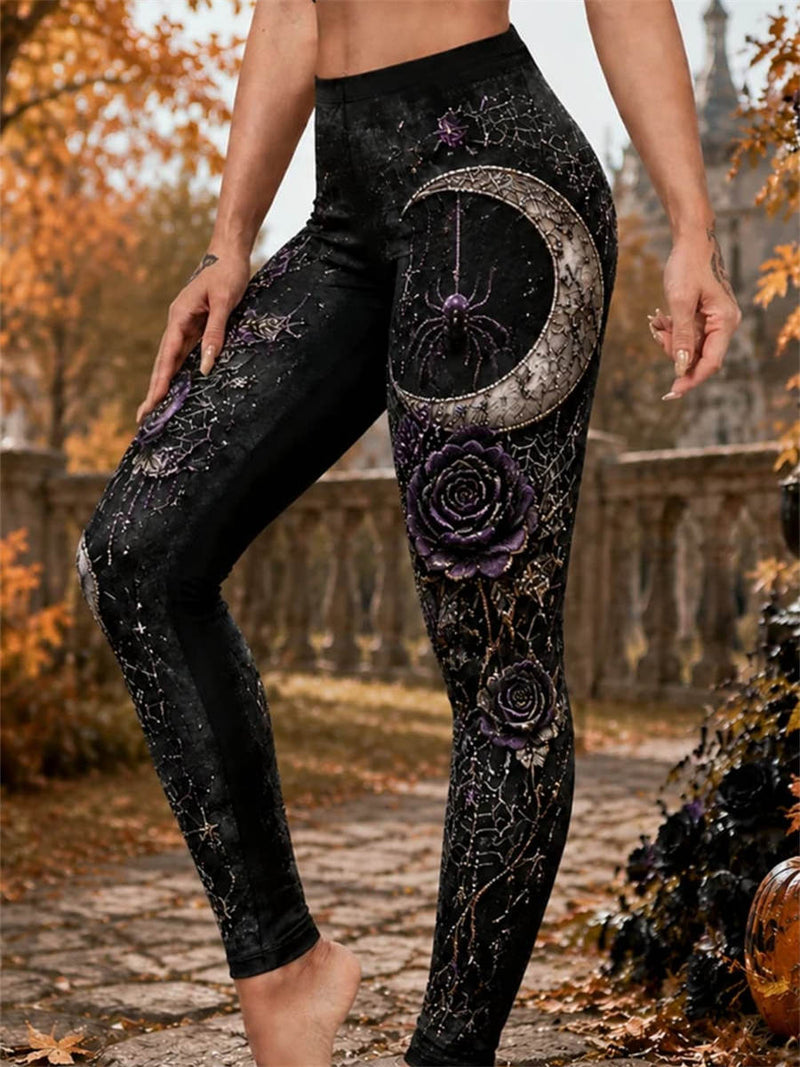 Women's Halloween Black Purple Moon Spider Rose Print High Waist Leggings