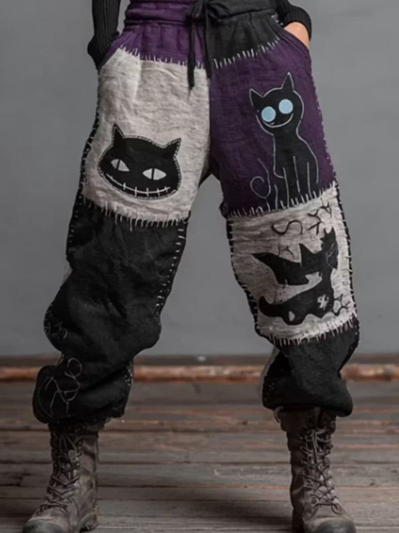 Women's Halloween Purple Black Grey Patchwork Cat Print Drawstring Waist Wide Leg Pants