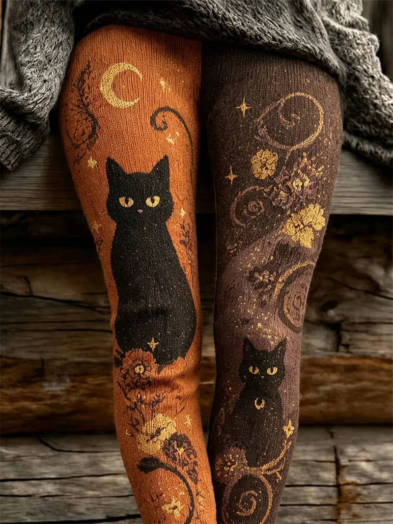 Women's Halloween Orange Brown Cat Moon Print High Waist Leggings