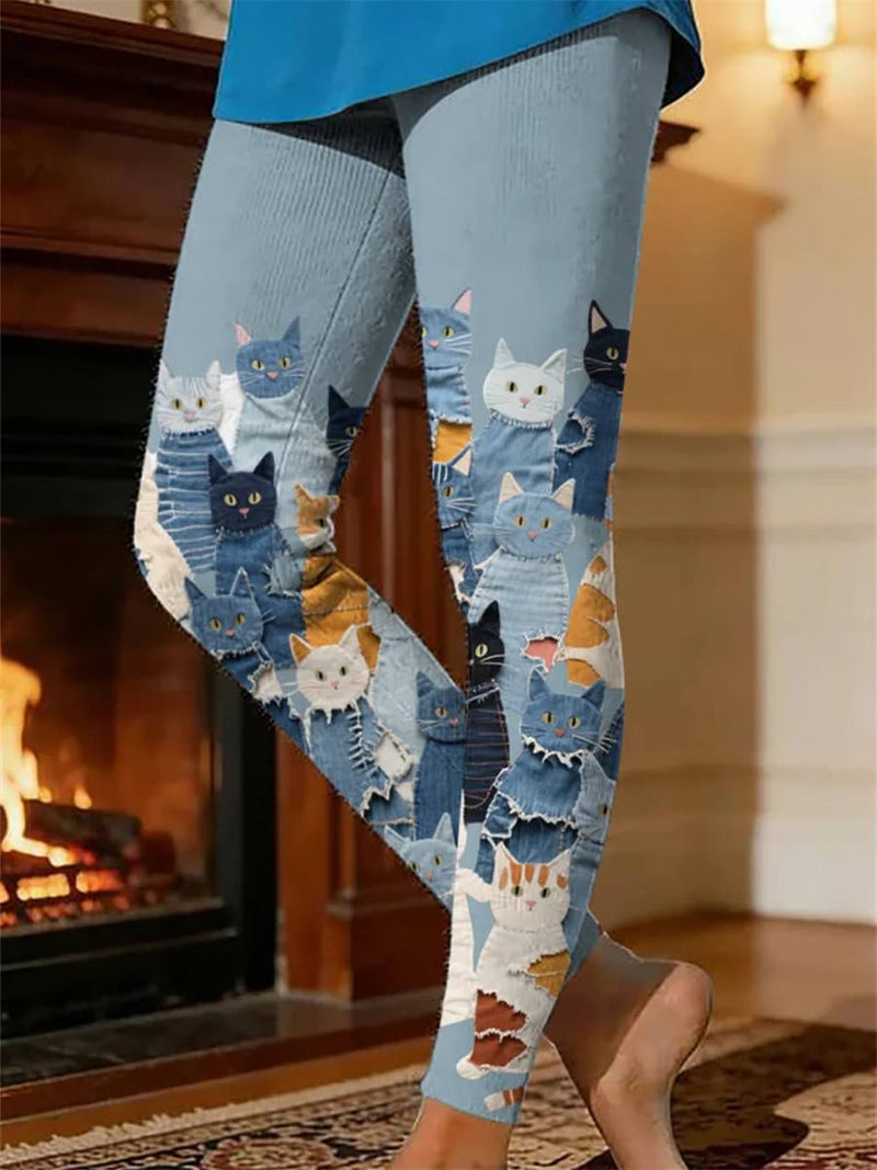 Women's Blue Cat Patch High Waist Leggings