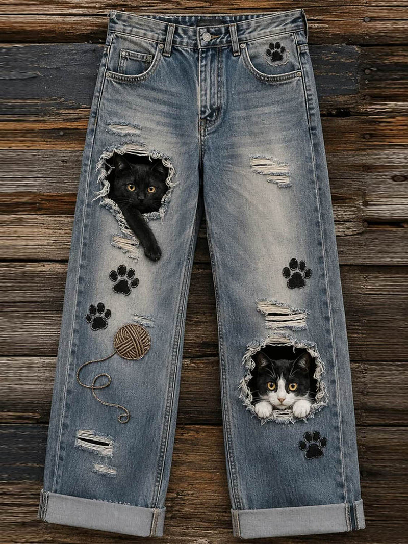 Women's Medium Blue Wash Cat Paw Ripped Straight Leg Jeans