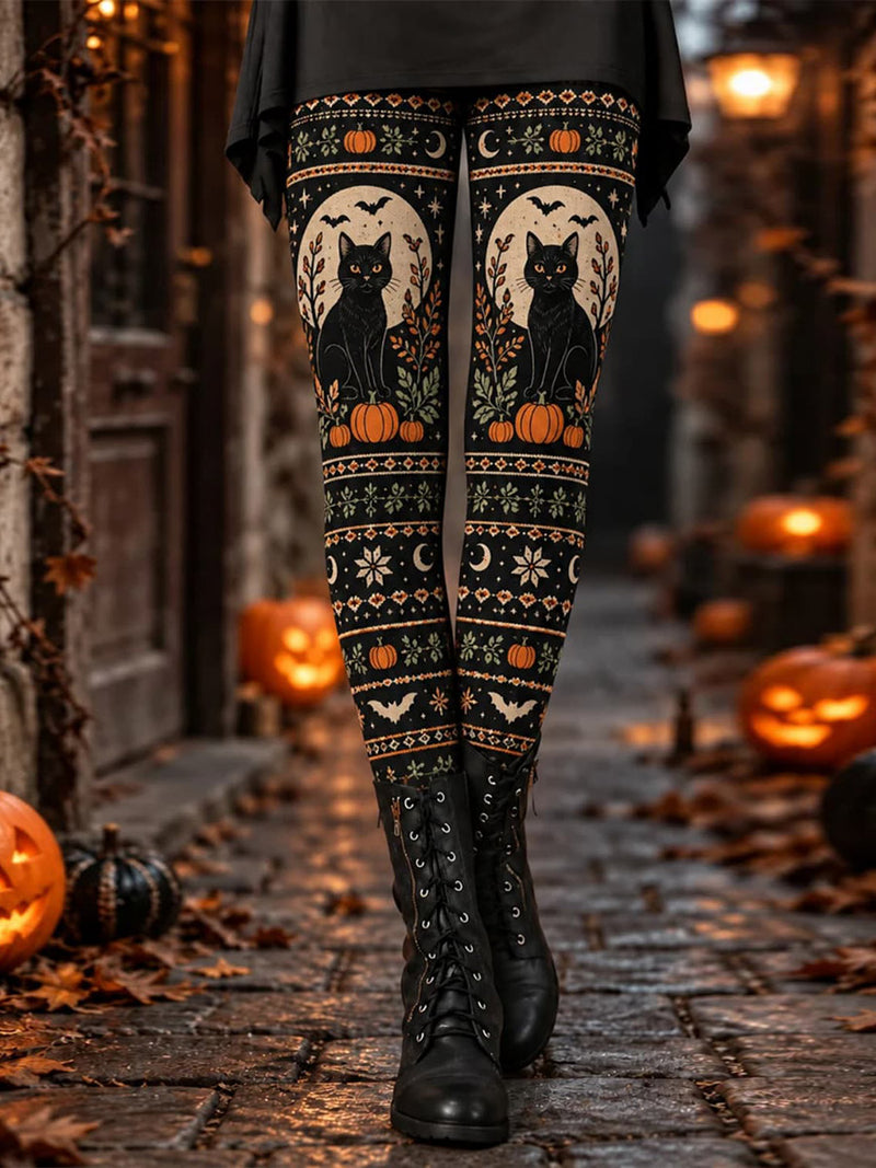 Women's Halloween Black Cat Pumpkin Print High Waist Leggings