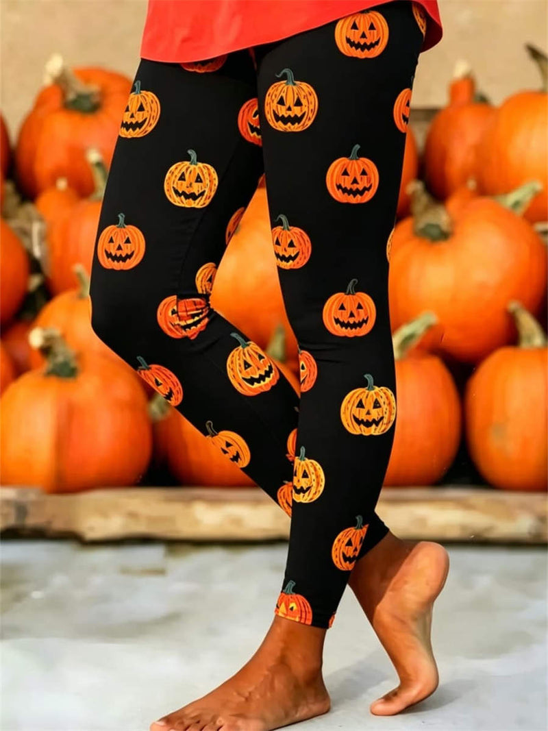 Women's Halloween Black Pumpkin Print High Waist Leggings