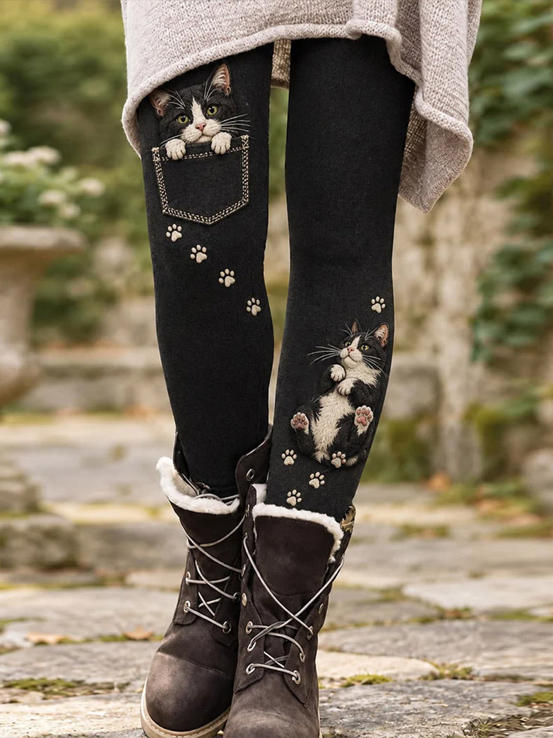 Women's Black Cat Pocket Print High Waist Leggings