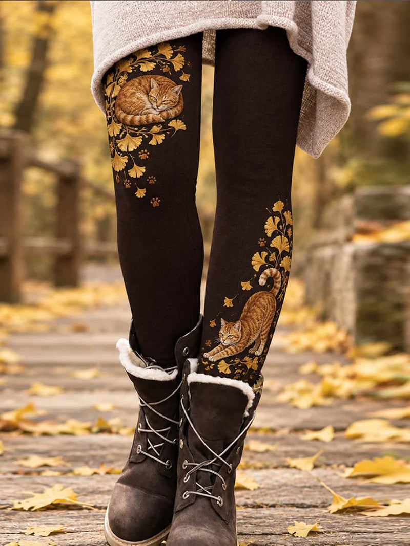 Women's Black Cat Ginkgo Print High Waist Leggings