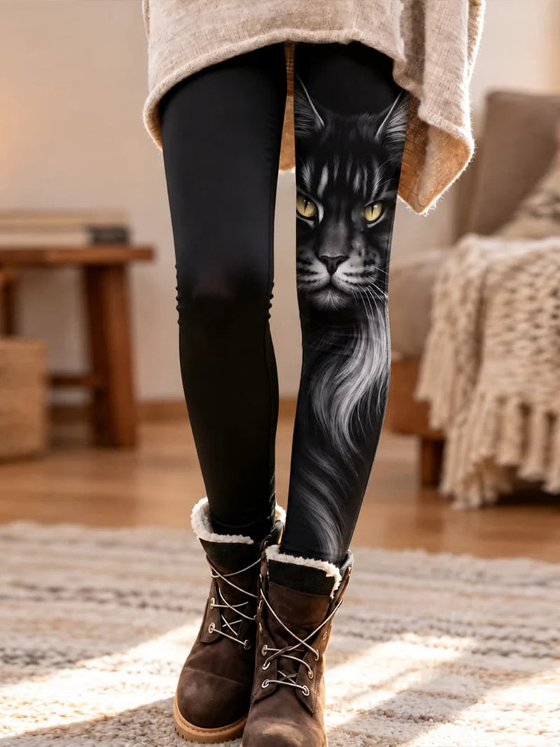 Women's Black Cat Face Print High Waist Leggings