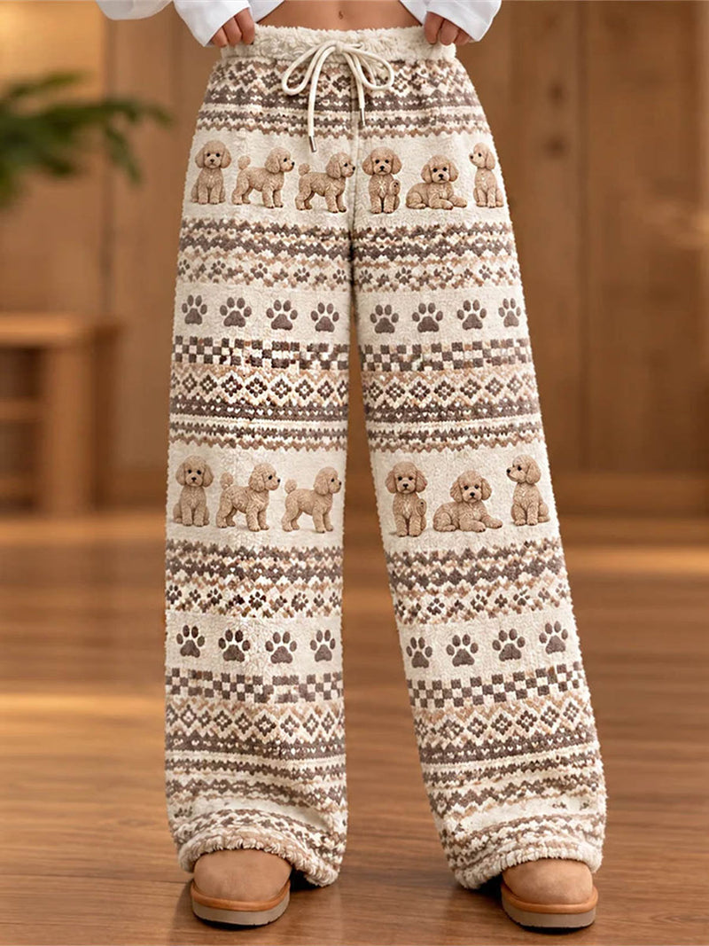 Women's Beige Dog Paw Print Fleece Drawstring Waist Wide Leg Pants