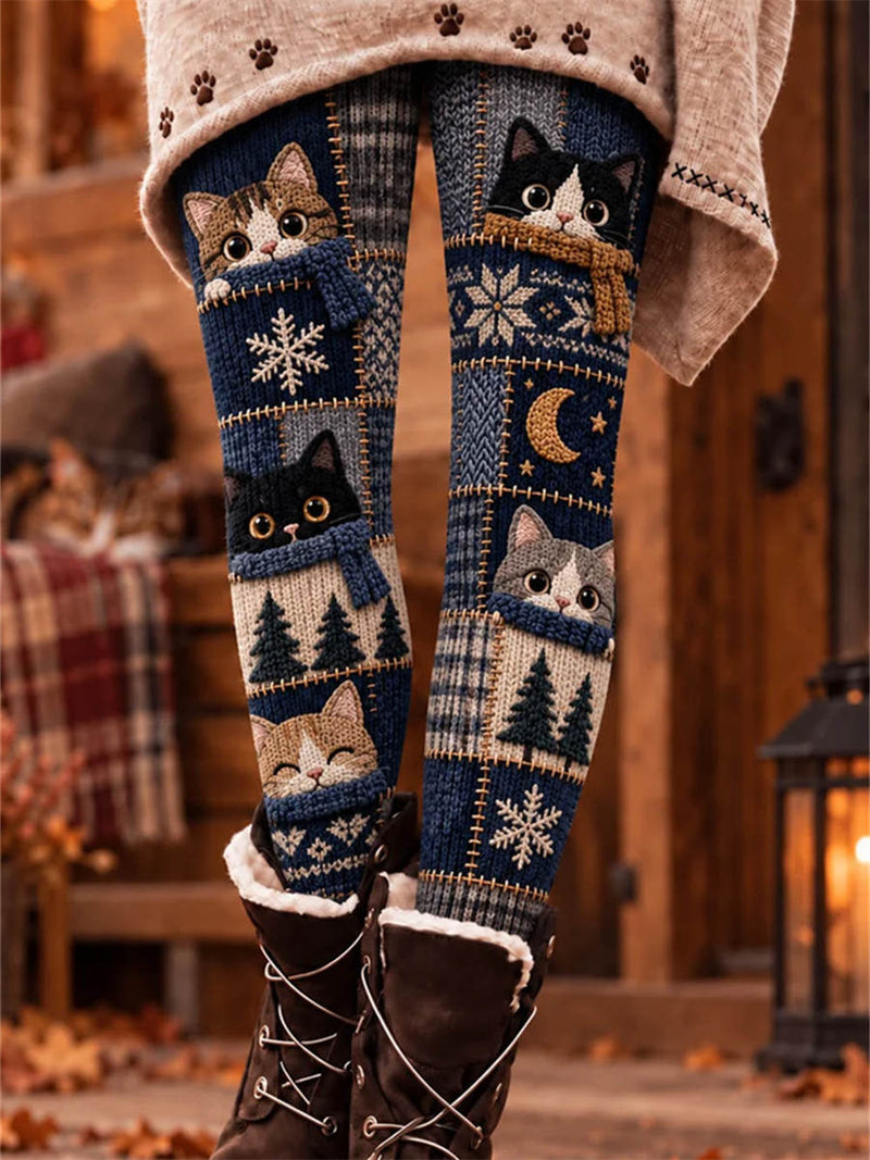 Women's Christmas Blue Cat Snowflake Print High Waist Leggings