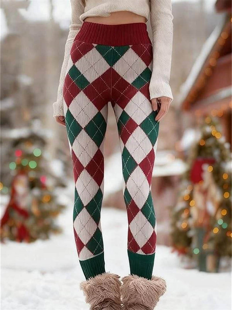 Women's Christmas Red Green Argyle Print High Waist Leggings