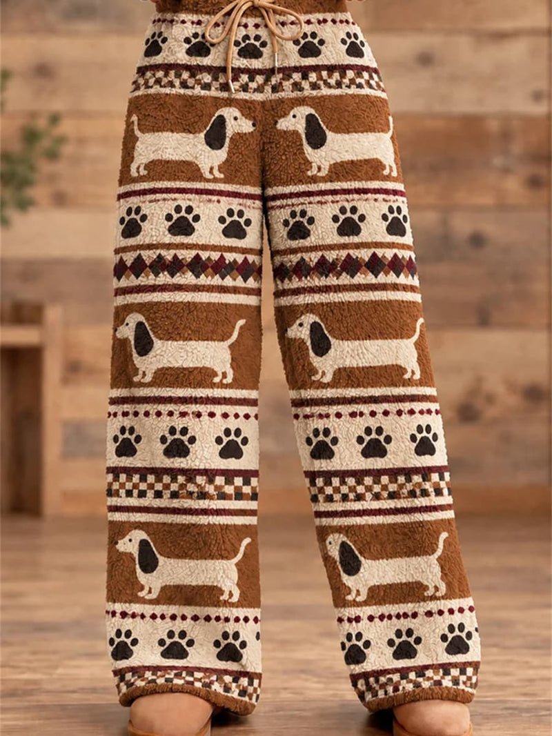 Women's Brown Dachshund Dog Paw Print Fleece Drawstring Waist Wide Leg Pants