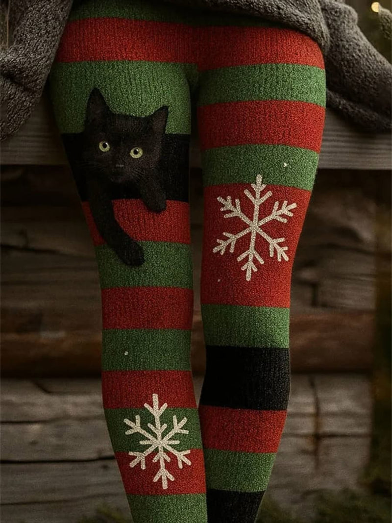 Women's Christmas Red Green Striped Cat Snowflake Print High Waist Leggings