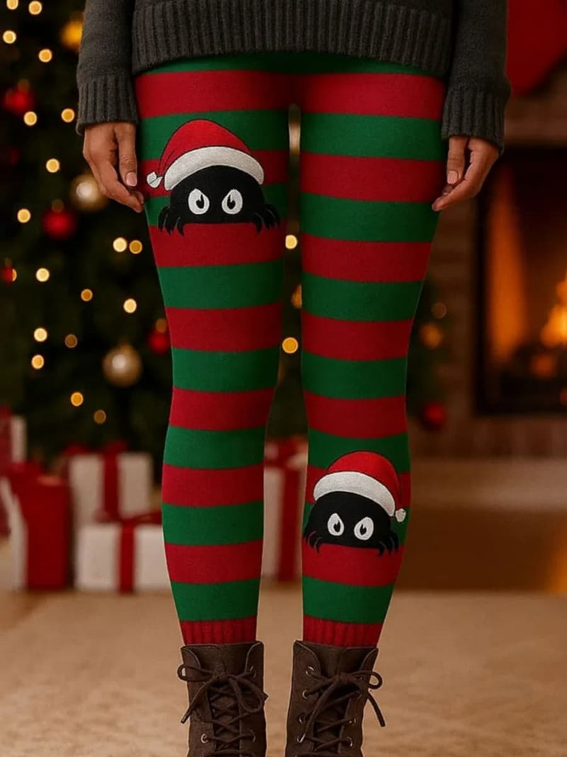 Women's Christmas Red Green Striped Cat Print Thermal High Waist Leggings