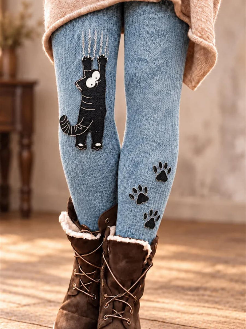 Women's Light Blue Cat Paw Print Knit High Waist Leggings