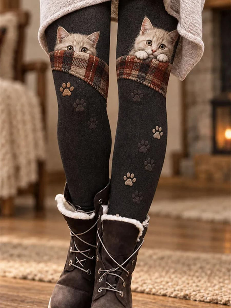 Women's Dark Grey Plaid Cat Print Knit High Waist Leggings