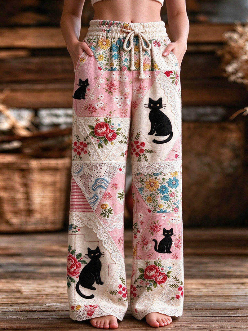 Women's Multi Color Cat Floral Lace Patchwork Drawstring Waist Wide Leg Pants