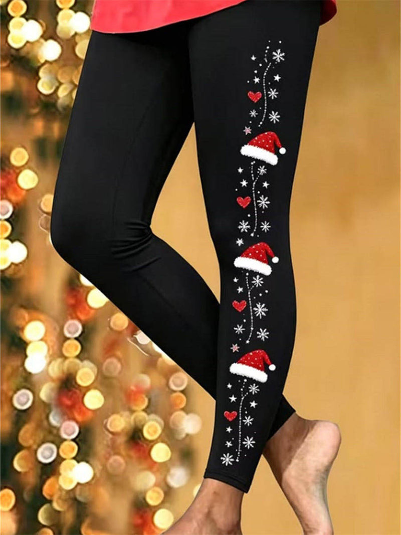 Women's Christmas Black Santa Hat Snowflake Print High Waist Leggings