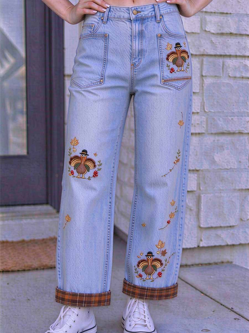Women's Thanksgiving Light Blue Wash Turkey Print Straight Leg Jeans