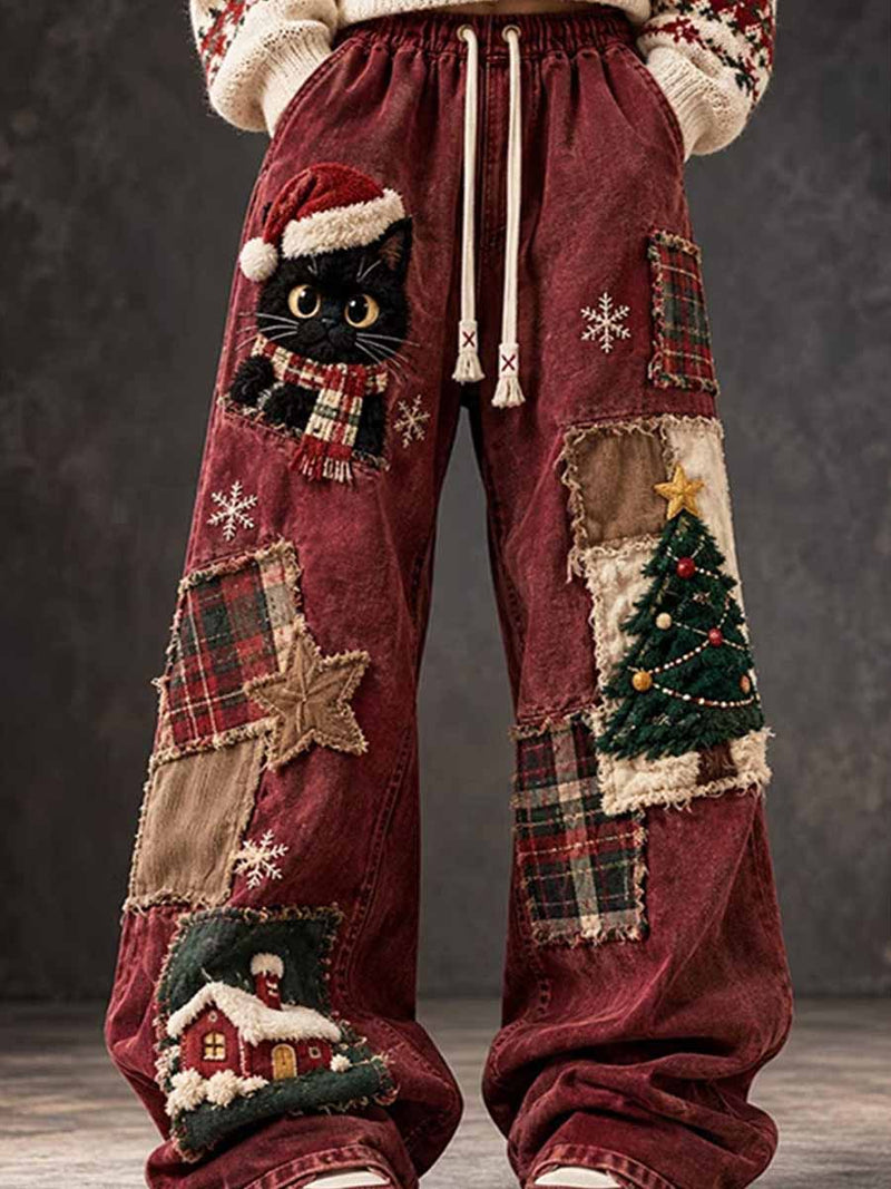 Women's Christmas Red Wine Cat Patchwork Drawstring Waist Wide Leg Sweatpants