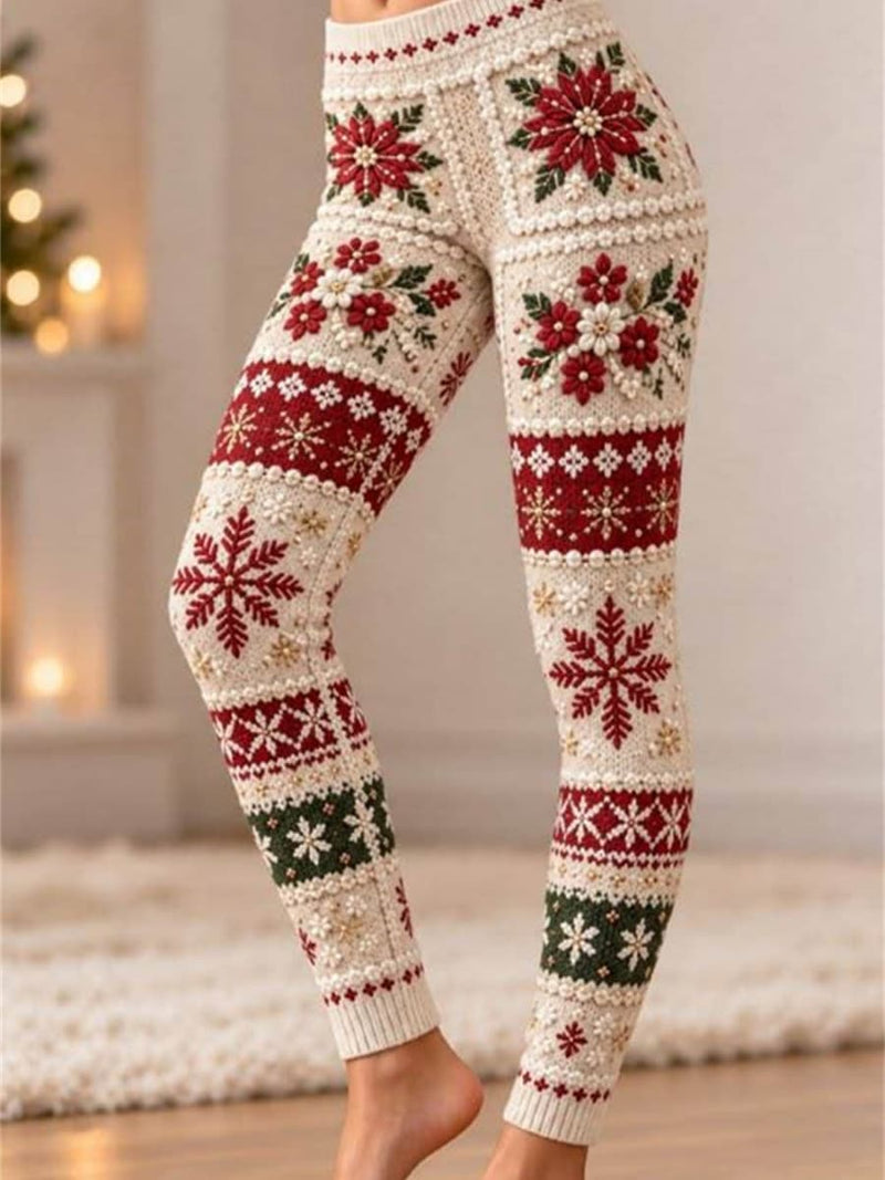 Women's Christmas Beige Floral Snowflake Knit High Waist Leggings