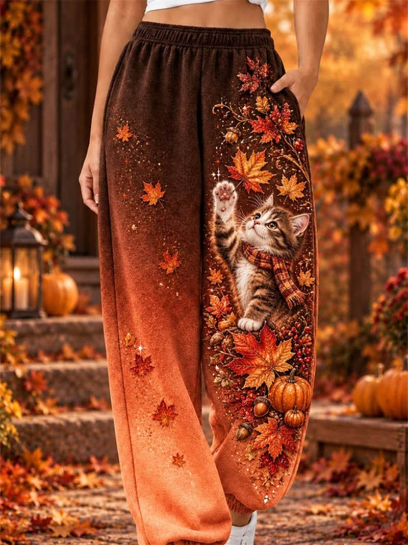 Women's Thanksgiving Brown Orange Ombre Cat Leaf Print Drawstring Waist Jogger Pants