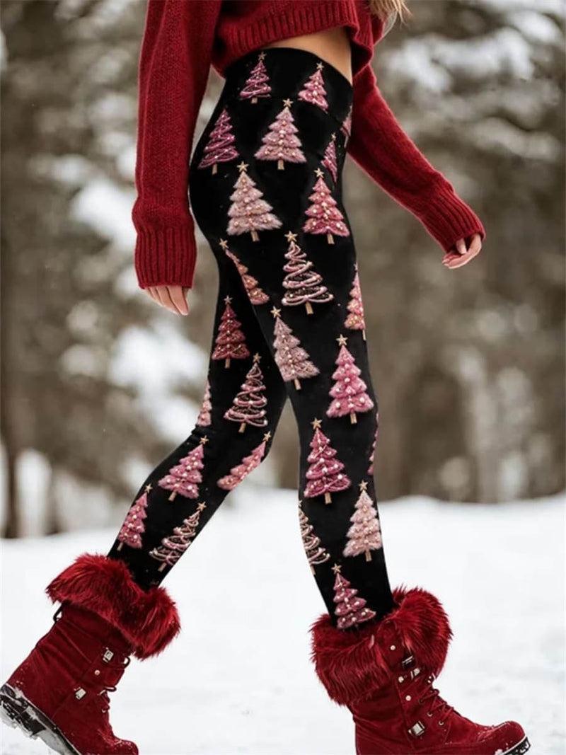 Women's Christmas Black Pink Christmas Tree Print High Waist Leggings