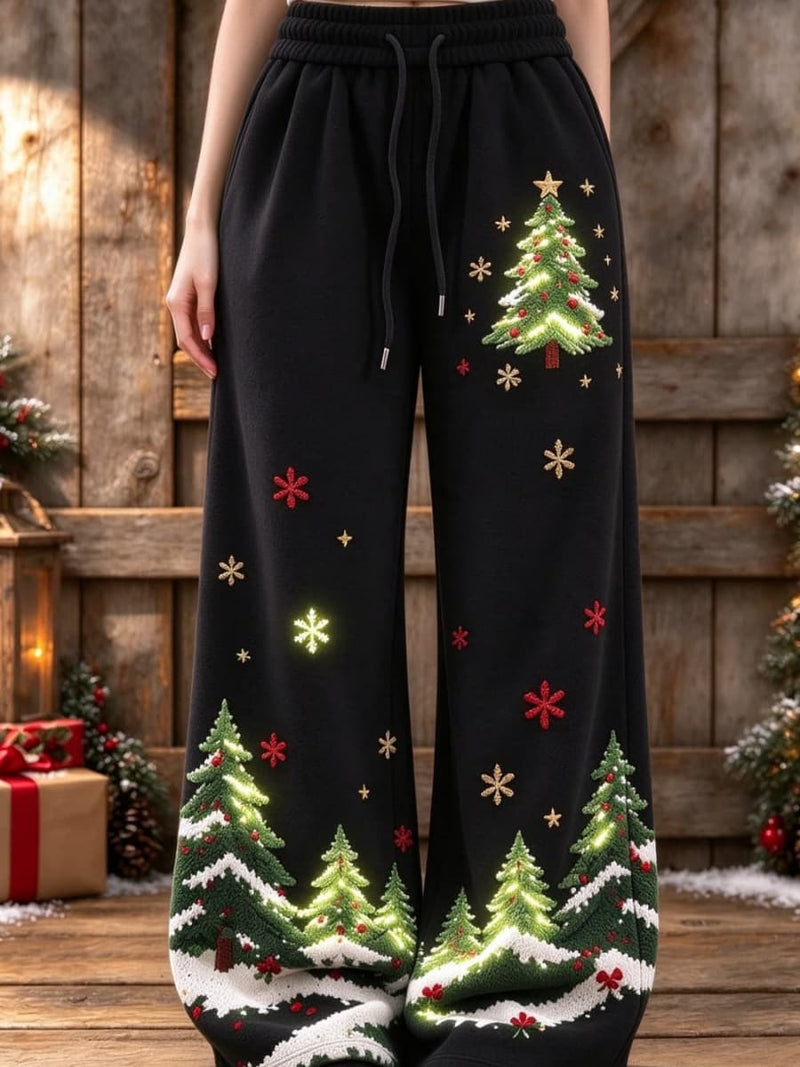 Women's Christmas Black Christmas Tree Snowflake Fleece Drawstring Waist Wide Leg Pants