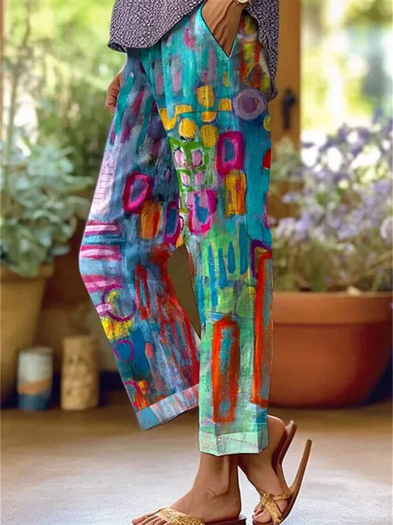 Women's Colorful Abstract Print Elastic Waist Cuffed Cropped Harem Pants