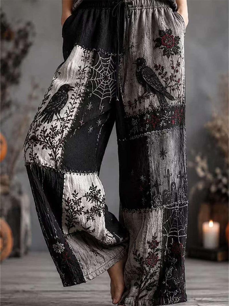 Women's Halloween Black Grey Patchwork Crow Rose Embroidery Drawstring Elastic Waist Wide Leg Pants