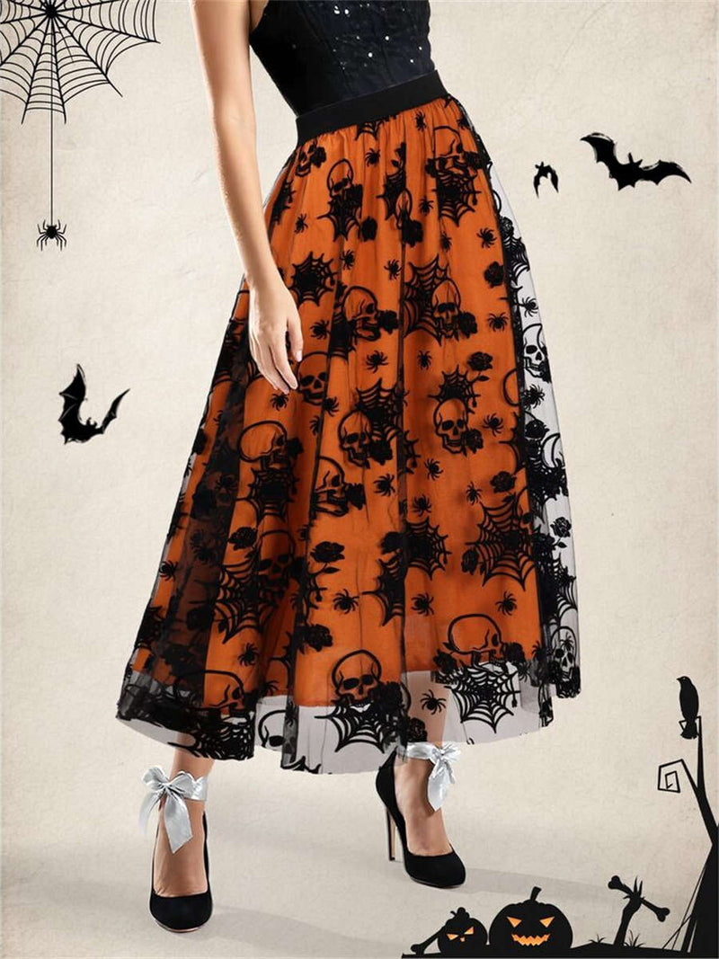 Women's Halloween Orange Skull Spider Web Print Elastic Waist Midi Skirt