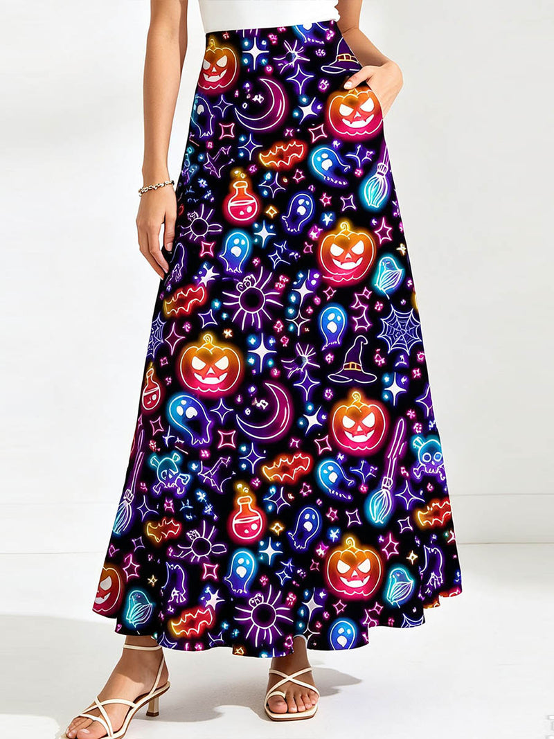 Women's Halloween Neon Pumpkin Ghost Print Elastic Waist Maxi Skirt