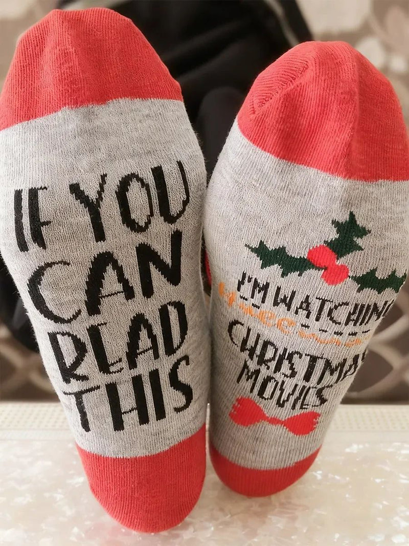 Women's Christmas Multi Text Holly Print Crew Socks