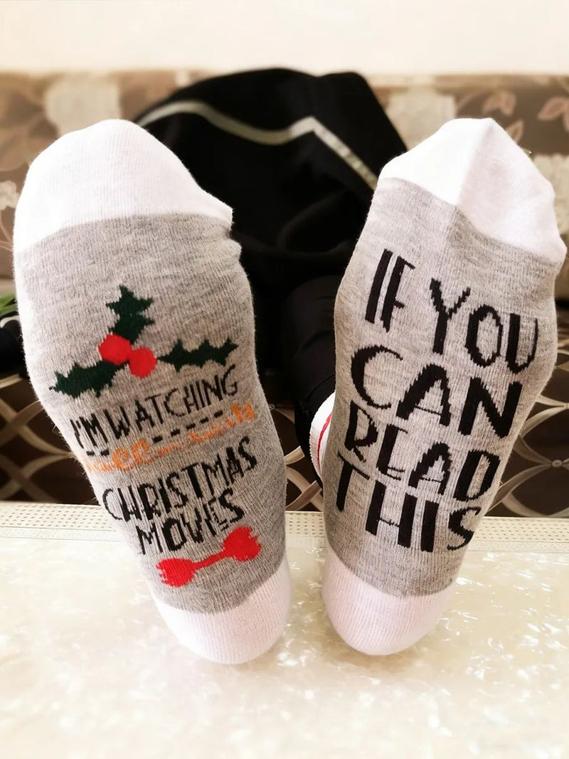 Women's Christmas Multi Text Holly Print Crew Socks
