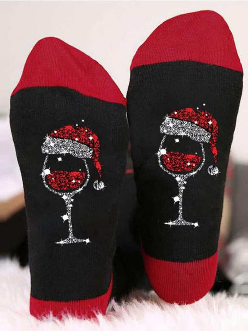 Women's Christmas Black Red Colorblock Wine Glass Santa Hat Print Crew Socks