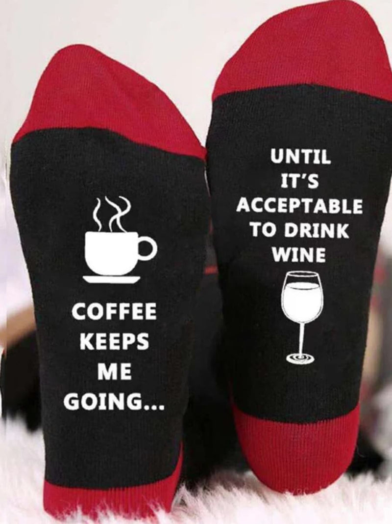 Women's Christmas Gift Black Red Colorblock Coffee Wine Letter Print Crew Socks