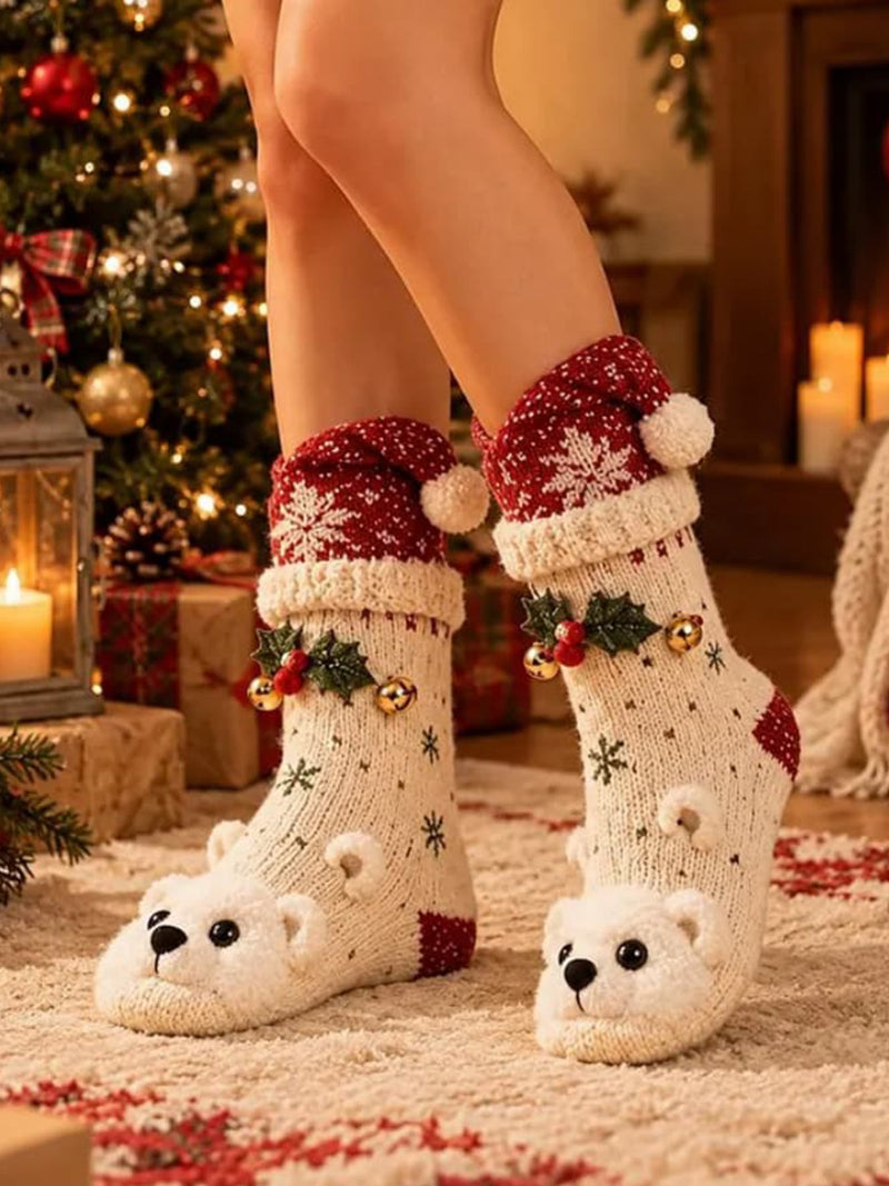 Women's Christmas Animal Santa Hat Print Mid Calf Socks